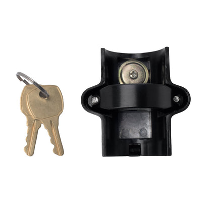 Black universal motorcycle helmet lock rear view with keys