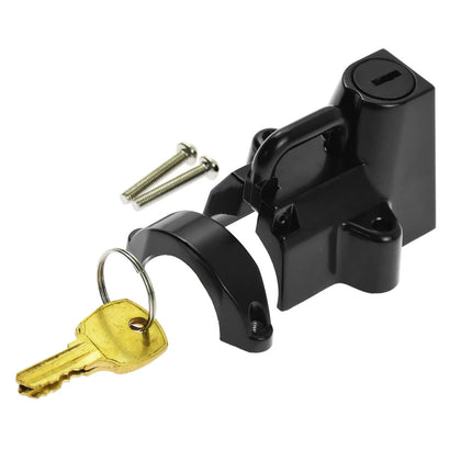 Black universal motorcycle helmet lock with keys and mounting hardware