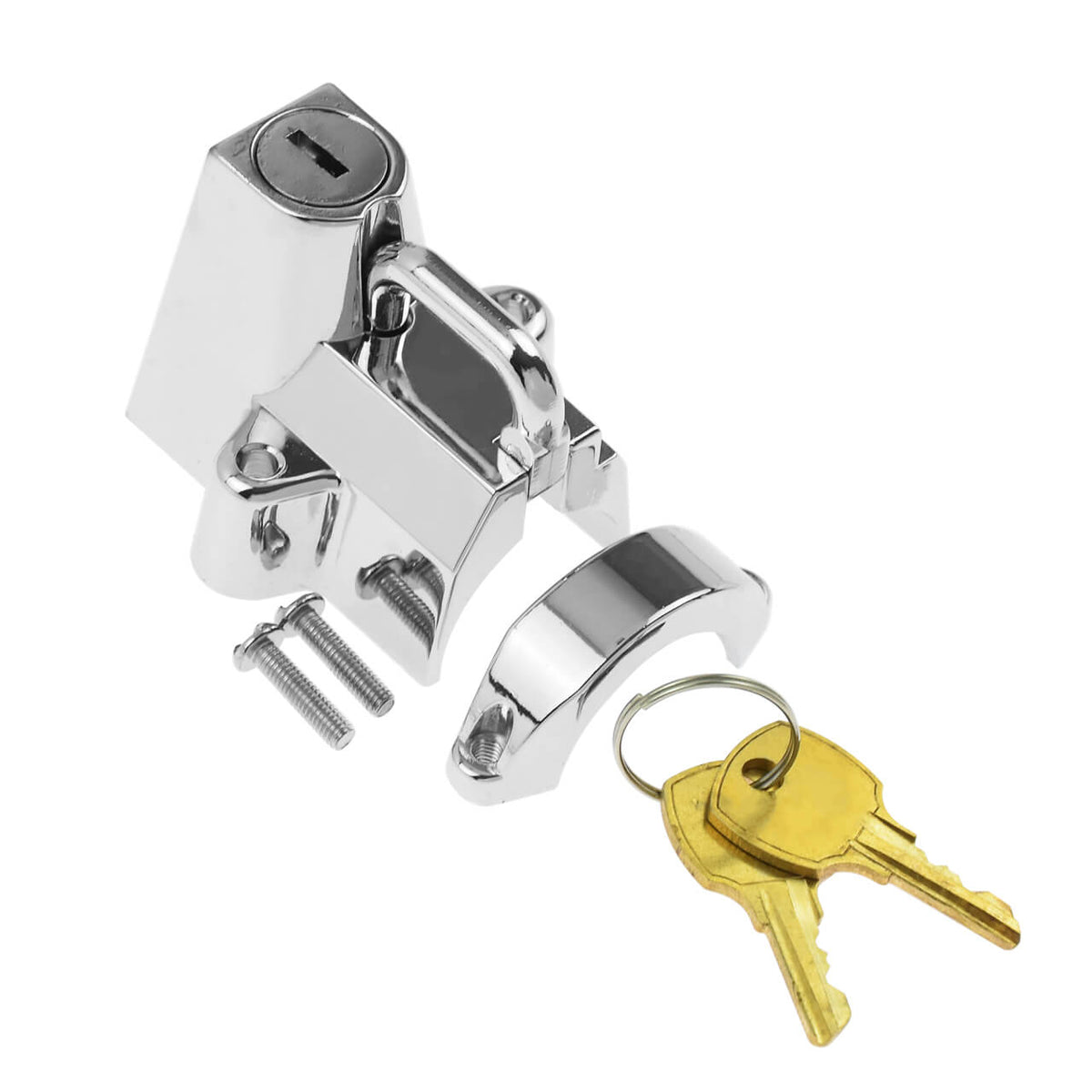 Chrome universal motorcycle helmet lock with keys and mounting hardware