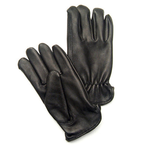 Black unlined deerskin driver gloves showing palm and back