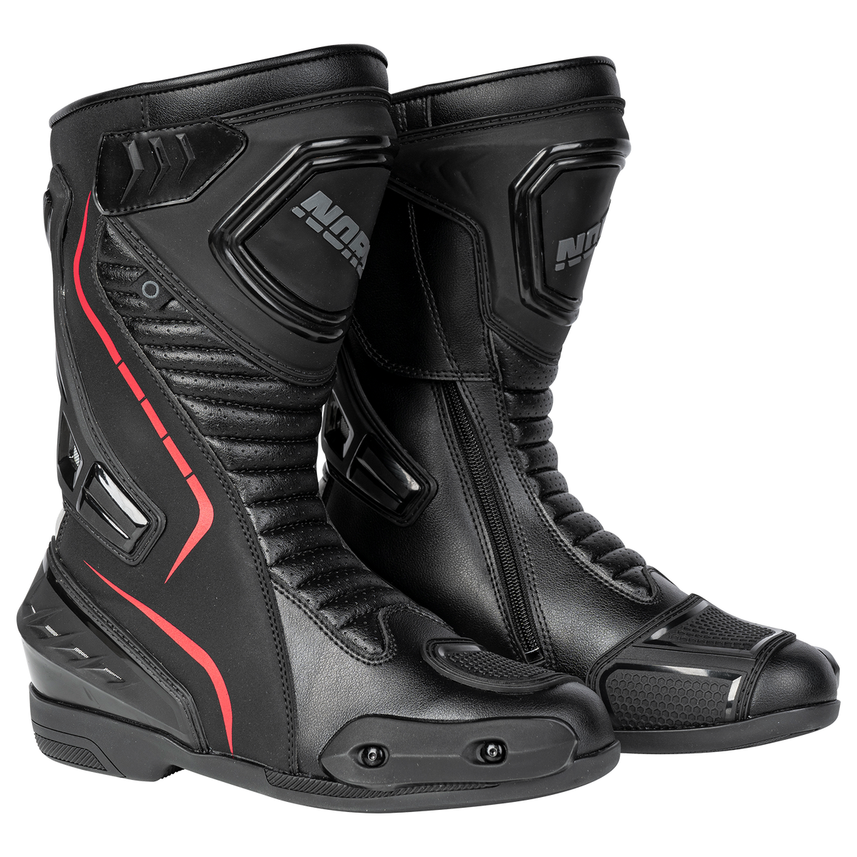 NORU Hakone motorcycle boots in black and red, front three-quarter view