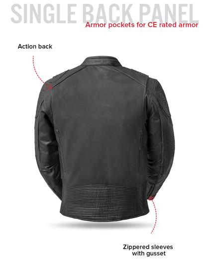 Veloci leather jacket action back, sleeve gusset and armor pocket feature guide