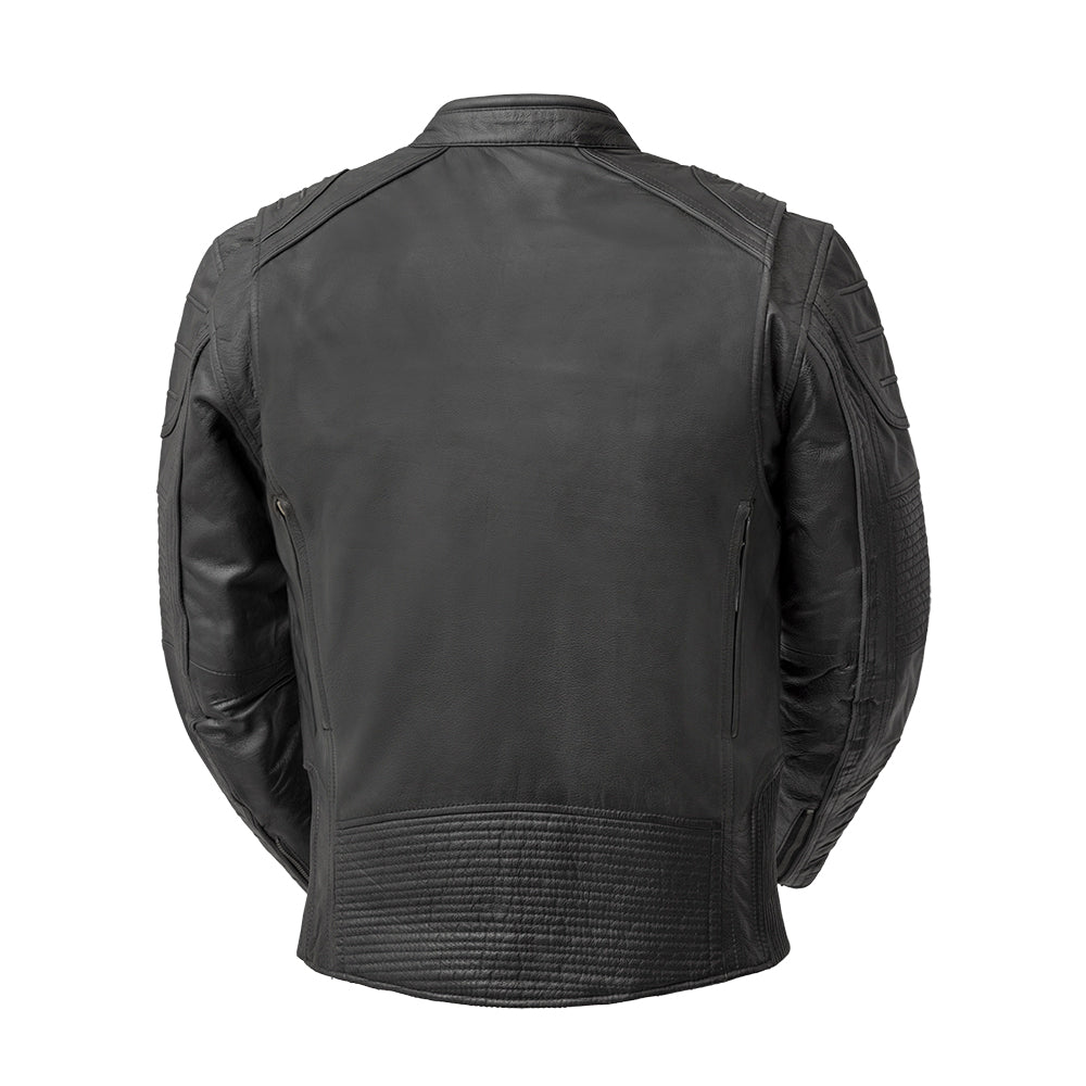 Veloci men's black cowhide motorcycle jacket, back view