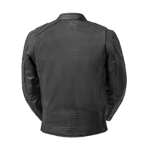 Veloci men's black cowhide motorcycle jacket, back view