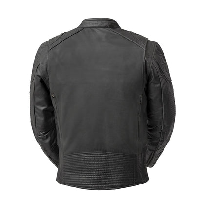 Veloci men's black cowhide motorcycle jacket, back view