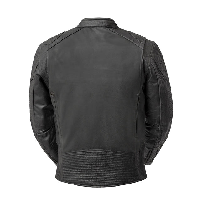 Veloci men's black cowhide motorcycle jacket, back view