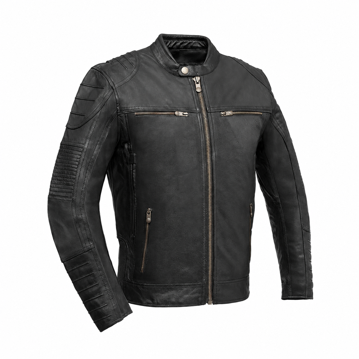 Veloci men's black cowhide motorcycle jacket, front view