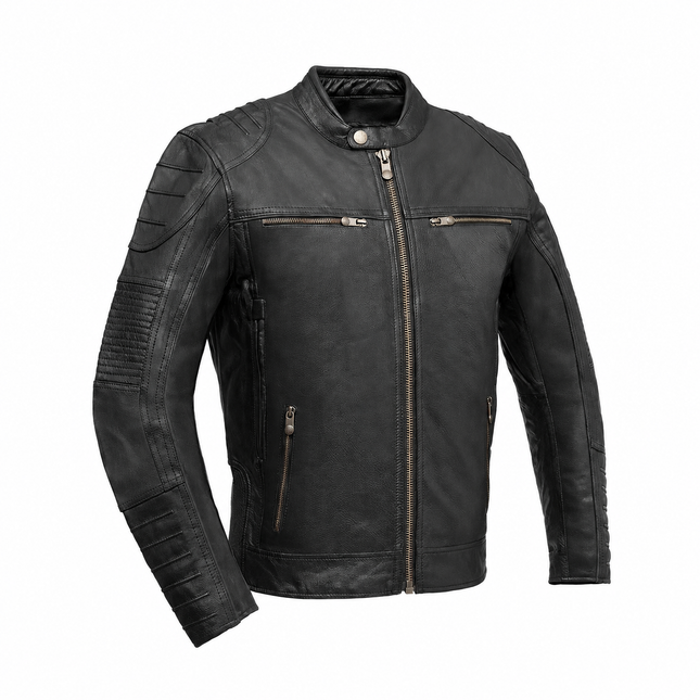 Veloci men's black cowhide motorcycle jacket, front view
