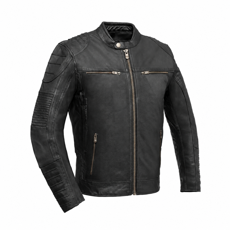Veloci men's black cowhide motorcycle jacket, front view