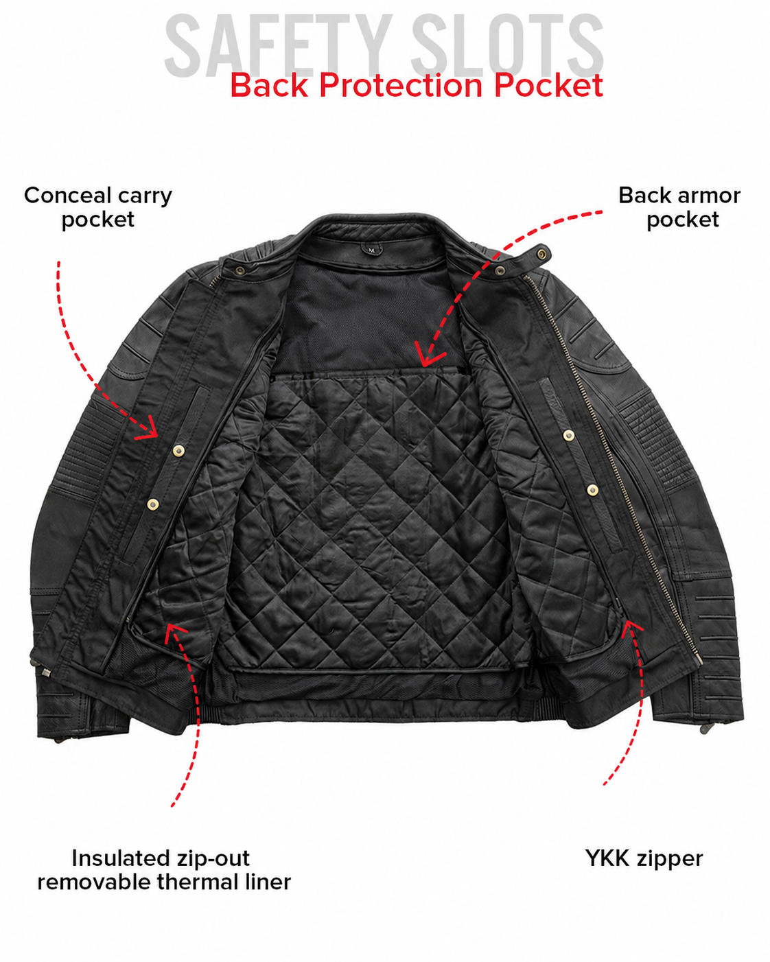 Veloci leather jacket concealed-carry pocket, back armor pocket and thermal liner feature guide