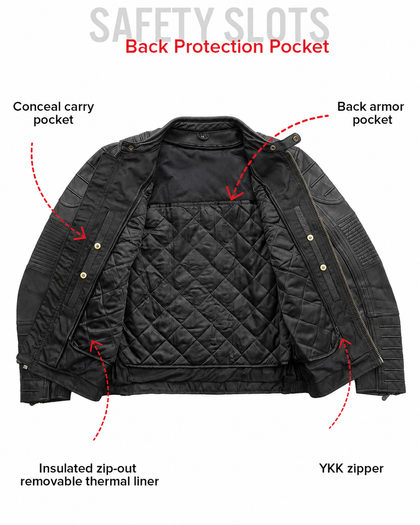 Veloci leather jacket concealed-carry pocket, back armor pocket and thermal liner feature guide