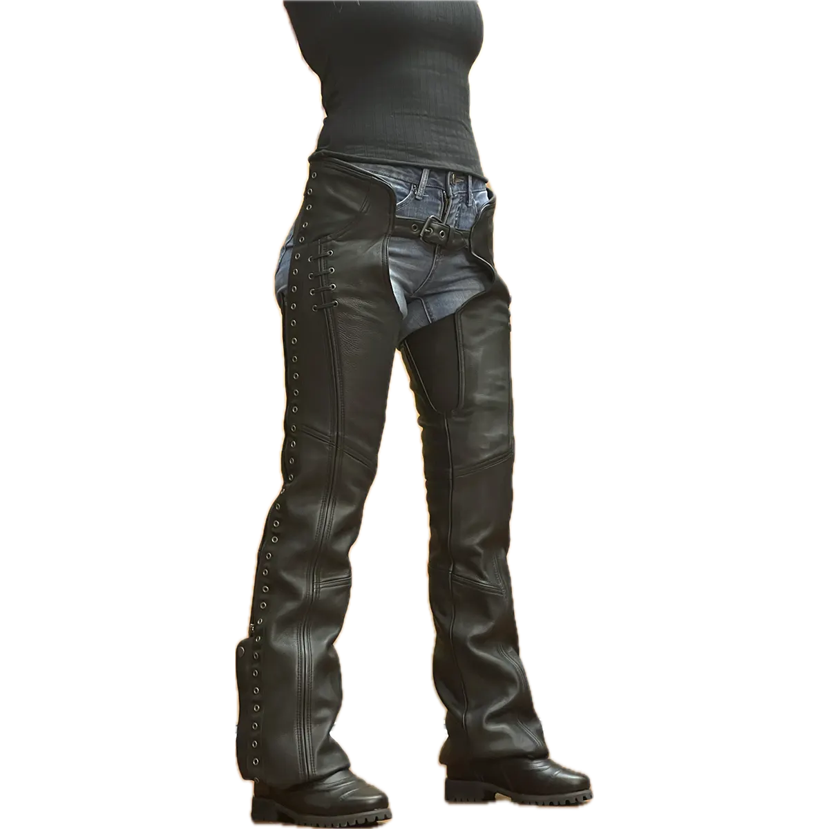 Women's black leather motorcycle chaps with lace-up sides, silver grommets, and adjustable front belt, worn over denim jeans and paired with black boots.