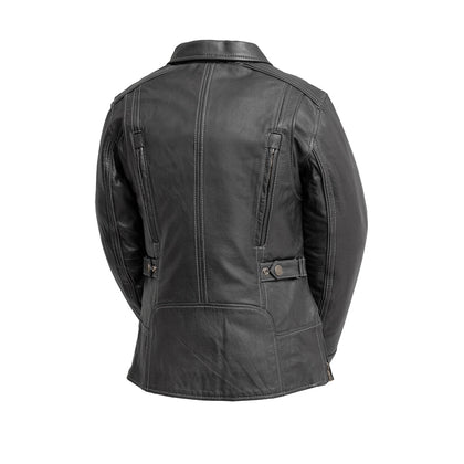 Women's Freedom black leather motorcycle jacket back view with zippered vents