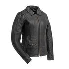 Women's Freedom black leather motorcycle jacket front view