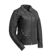 Women's Freedom black leather motorcycle jacket front view