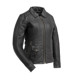 Women's Freedom black leather motorcycle jacket front view
