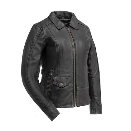 Women's Freedom black leather motorcycle jacket front view