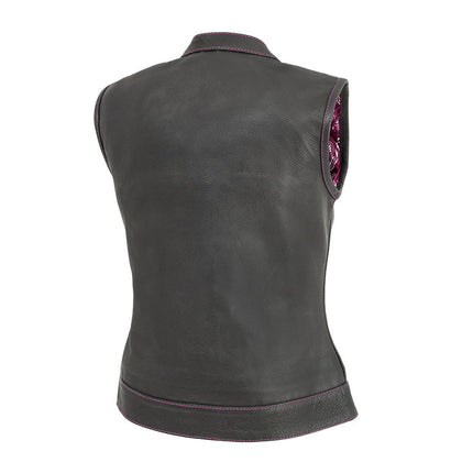 Women's black cowhide club vest with pink stitching, back view