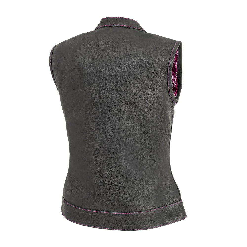 Women's black cowhide club vest with pink stitching, back view