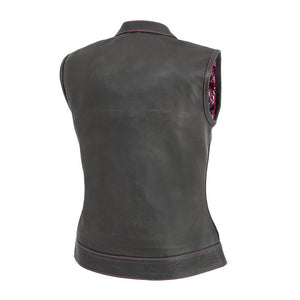 Women's black cowhide club vest with pink stitching, back view
