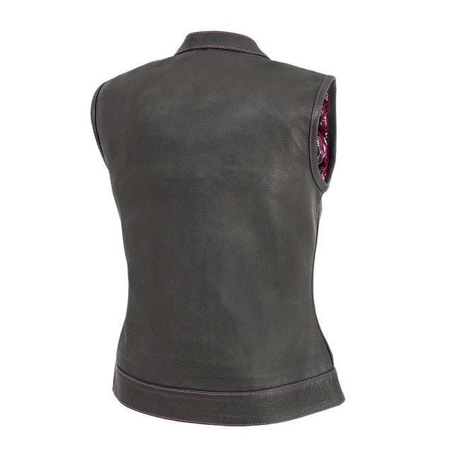 Women's black cowhide club vest with pink stitching, back view