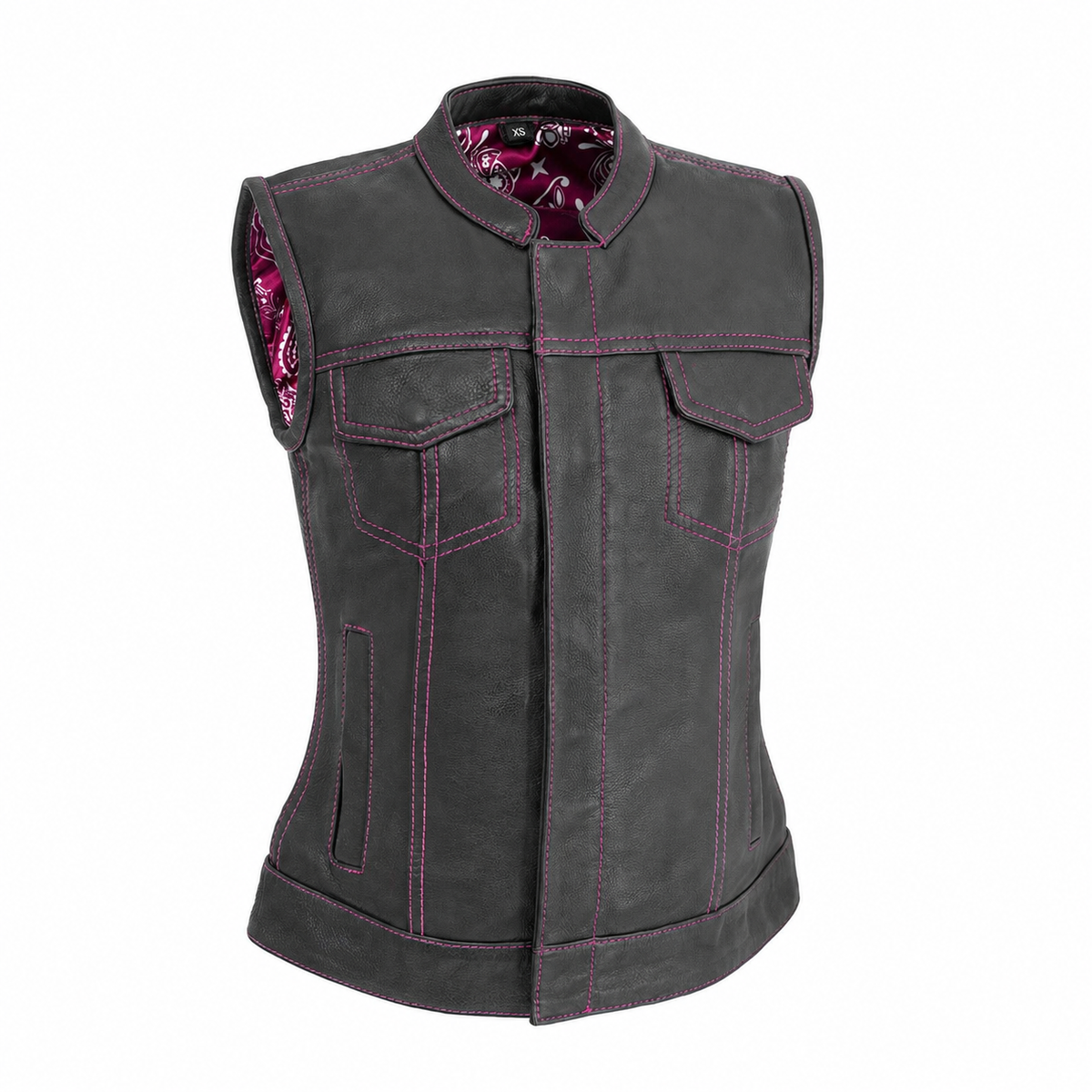 Women's black cowhide club vest with pink stitching, front view