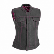 Women's black cowhide club vest with pink stitching, front view