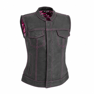 Women's black cowhide club vest with pink stitching, front view