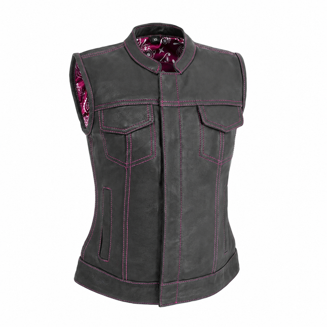 Women's black cowhide club vest with pink stitching, front view