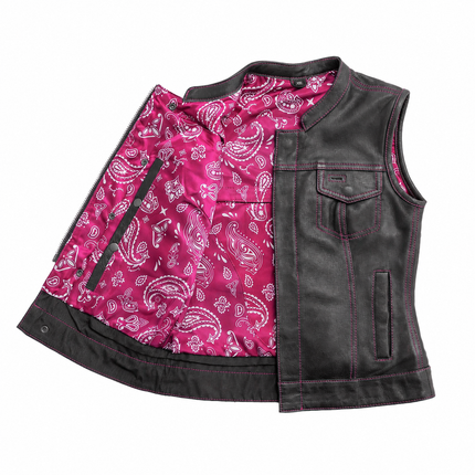 Open interior view of the women's cowhide club vest with pink paisley lining