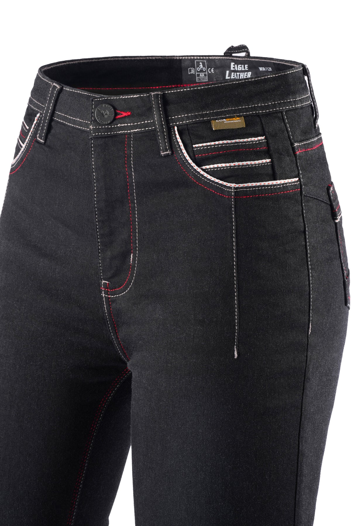 Women's Rage AA Riding Jeans Black Wash waistband and front pocket detail