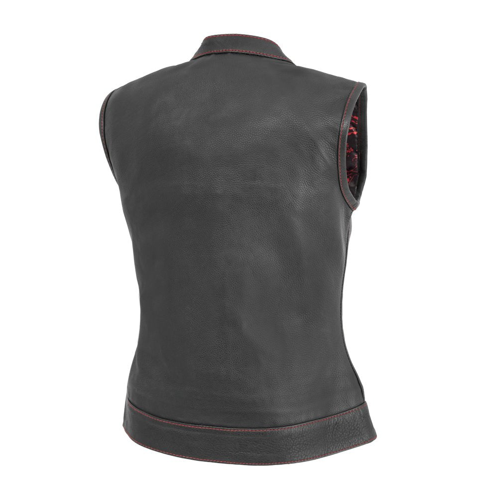 Women's Red Stitch black cowhide club motorcycle vest back view