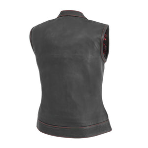Women's Red Stitch black cowhide club motorcycle vest back view
