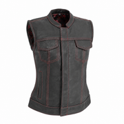 Women's Red Stitch black cowhide club motorcycle vest front view