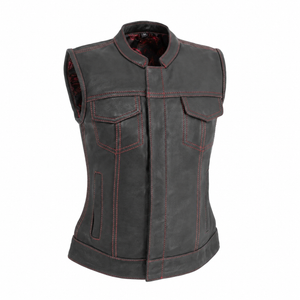 Women's Red Stitch black cowhide club motorcycle vest front view