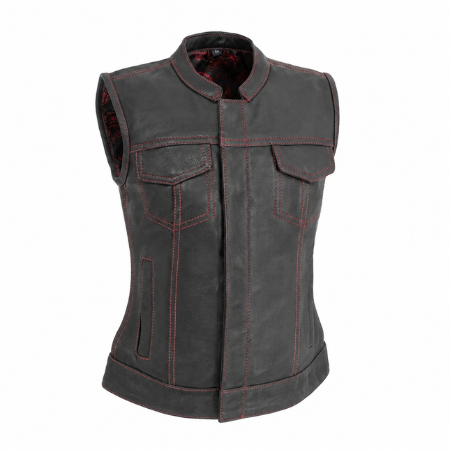 Women's Red Stitch black cowhide club motorcycle vest front view
