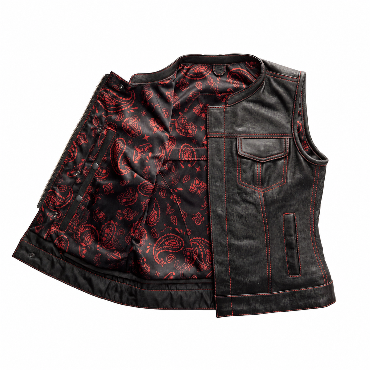Women's Red Stitch cowhide club vest open interior and paisley lining