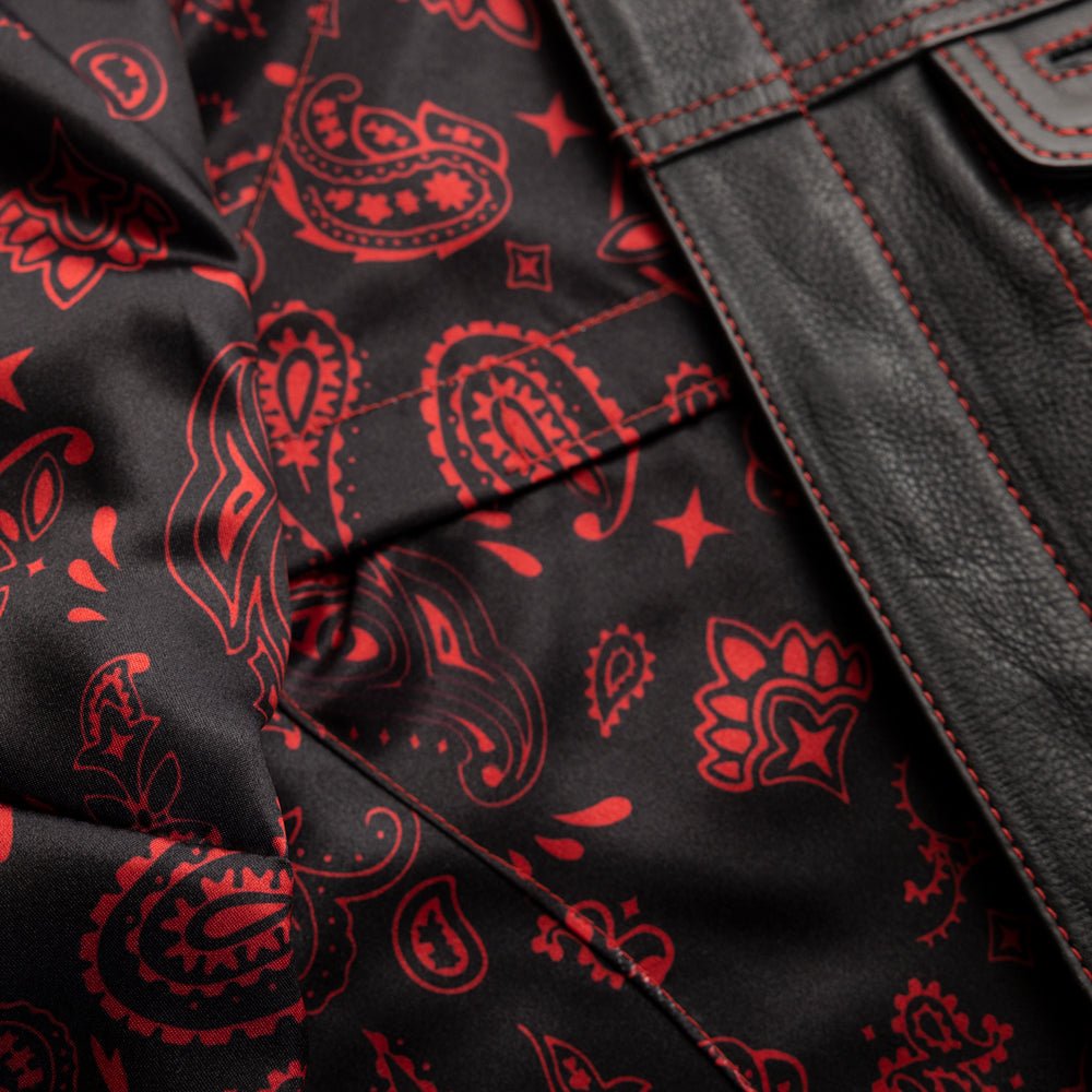 Women's Red Stitch cowhide vest red paisley lining detail