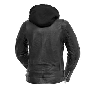 Women's Ryman black leather motorcycle jacket back view with removable hoodie