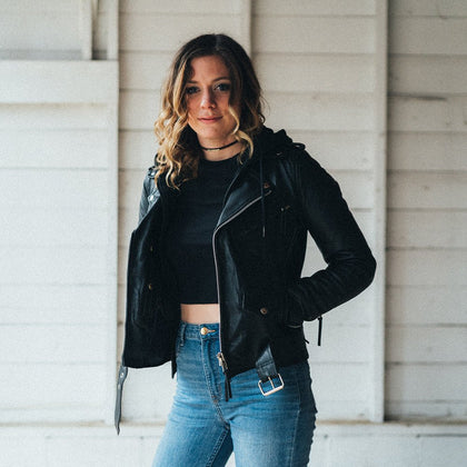 Women's Ryman hooded black leather motorcycle jacket worn by a model