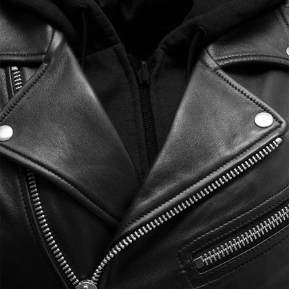 Women's Ryman leather motorcycle jacket asymmetrical zipper and collar detail