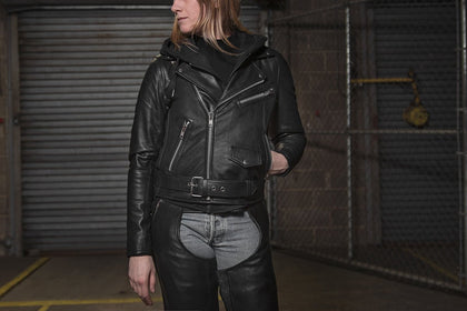 Women's Ryman black leather motorcycle jacket full front view on a model