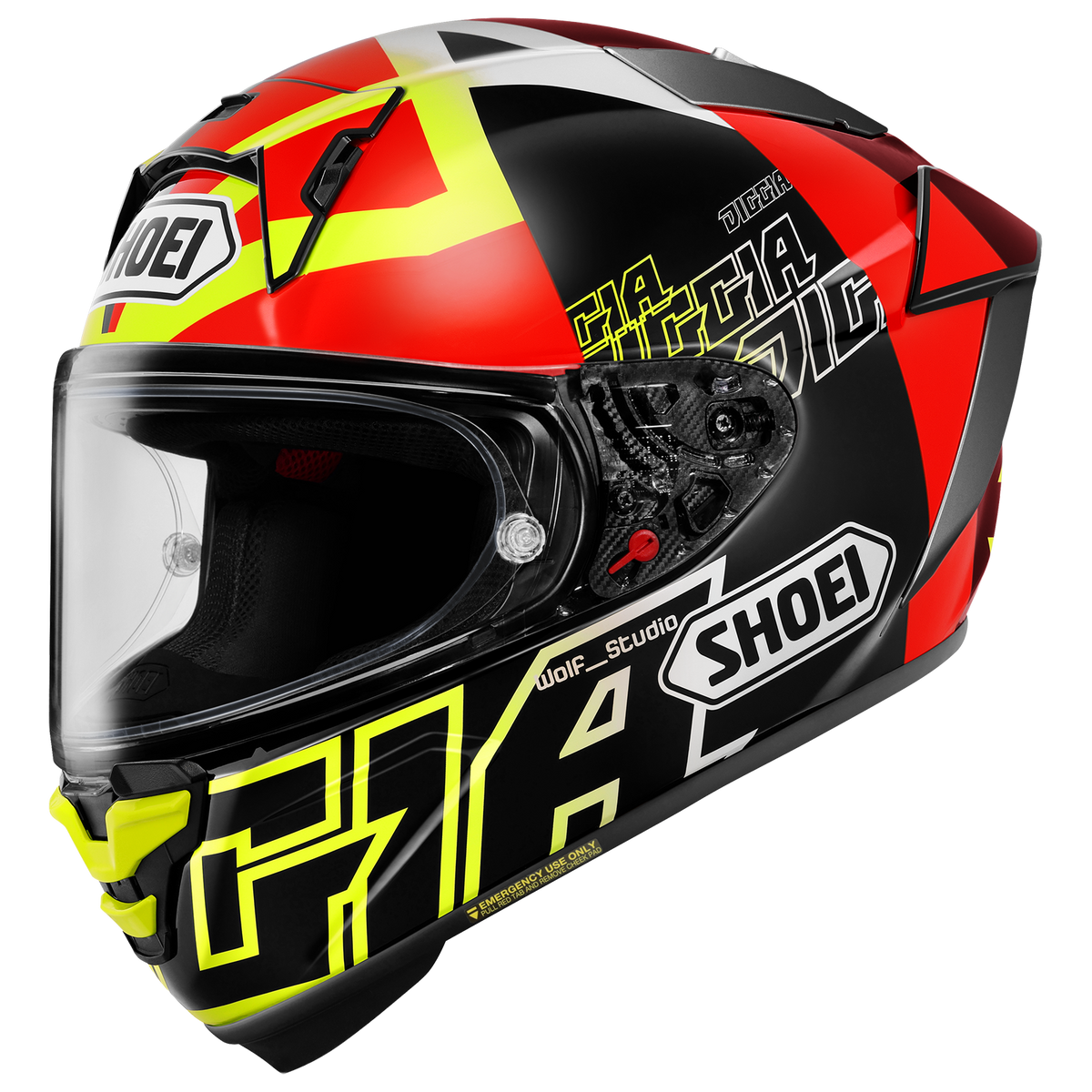 SHOEI X-Fifteen Diggia2 Helmet, Diggia2 TC-3 yellow and red graphic, side view