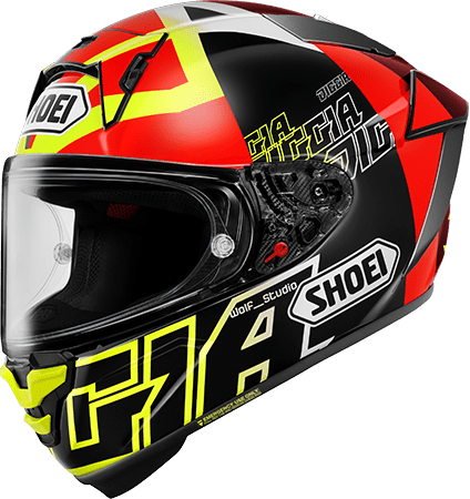 SHOEI X-Fifteen Diggia2 Helmet, Diggia2 TC-3 yellow and red graphic, side view