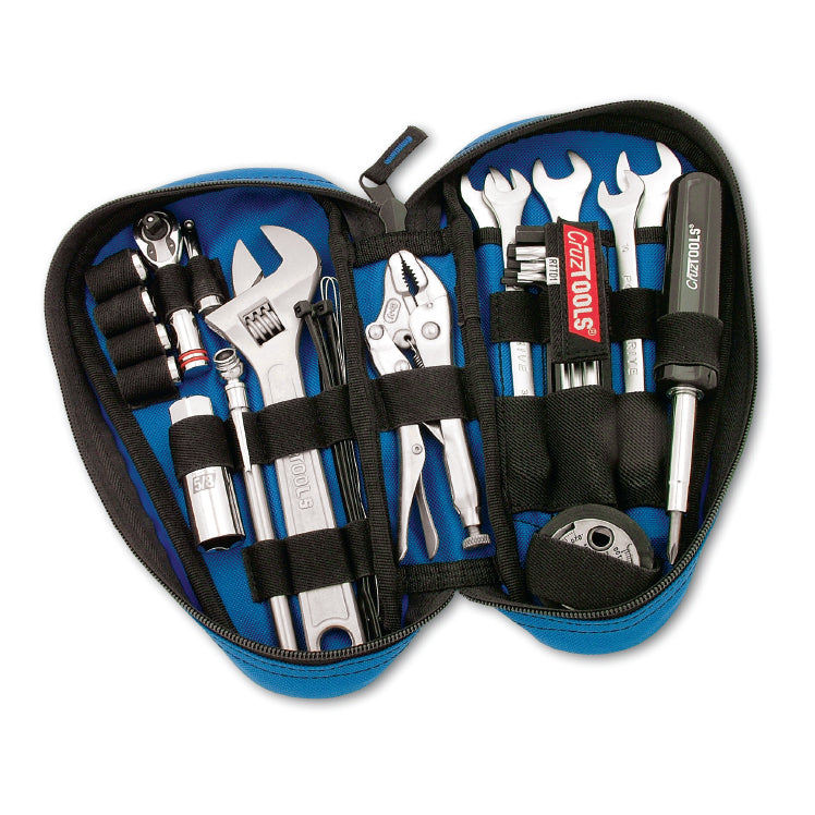 CruzTOOLS RoadTech Teardrop RTTD1 tool kit open, showing tools in blue and black pouch