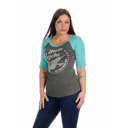 Ladies Moto Psycho Shirt: Casual, rhinestone embellished moto psycho graphic baseball half sleeve tee with luxurious, rich te