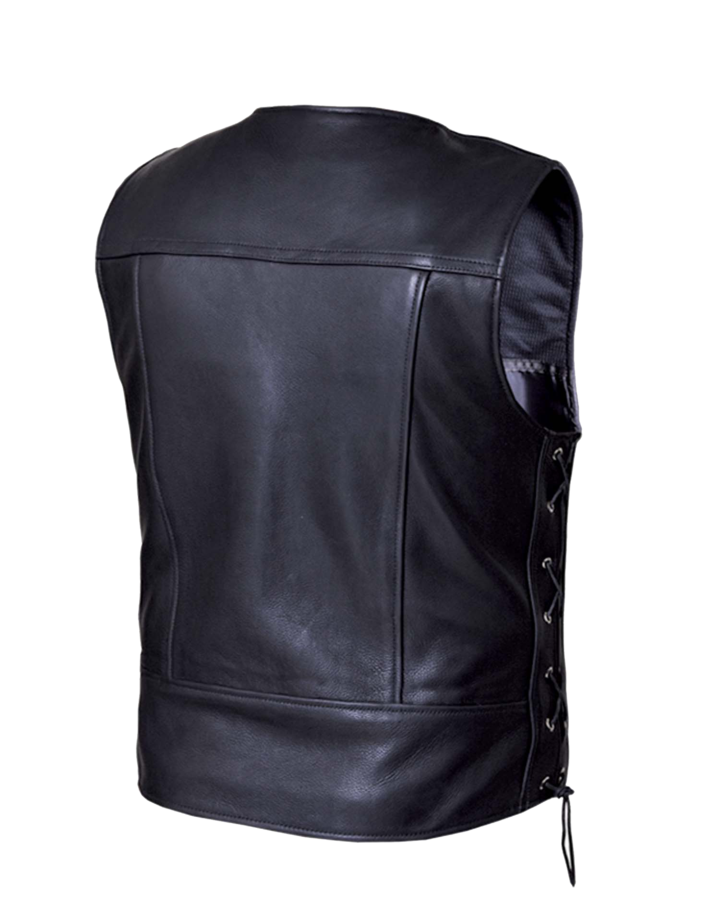 Men's Wrangler Leather Vest: Mens Premium side laced leather vest 2 exterior pockets &amp; 2 inside concealedcarry pockets