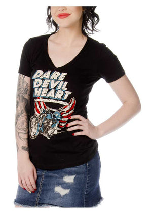 Dare Devil Heart: Liberty Wear Women's Dare Devil Heart Short Sleeve T-Shirt - Black, 7680 BLK