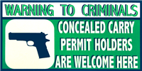 Concealed Carry Welcome: 3" x 7" Sticker

Brand: Sigo Signs


Size: 3"x 7"


Material: Polyethylene (PE)


Mounting Type: Wal