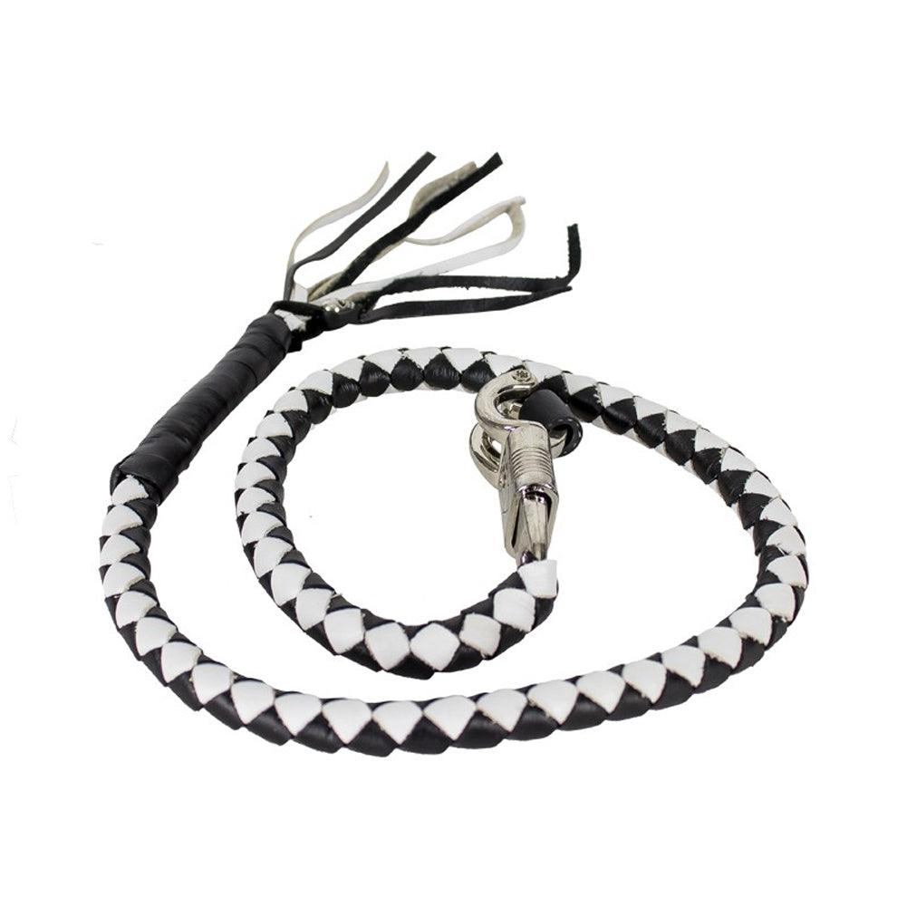Get Back Whip Black/White: Features:

Genuine, hand-braided leather around a nylon core
Solid, stainless steel quick-release
